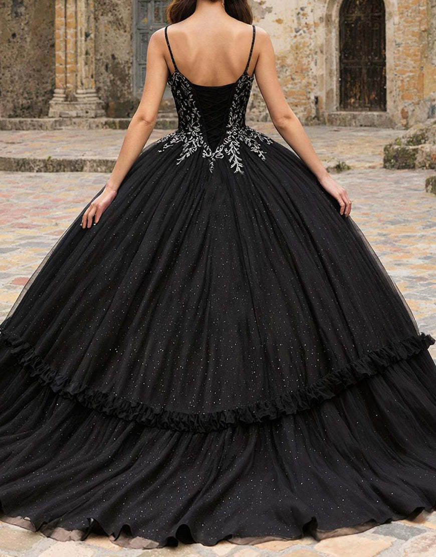 Princess Black Spaghetti Straps Tulle Quinceanera Dress with Appliques