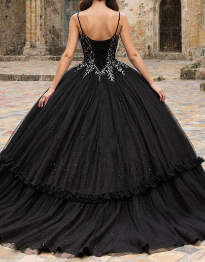 Princess Black Spaghetti Straps Tulle Quinceanera Dress with Appliques