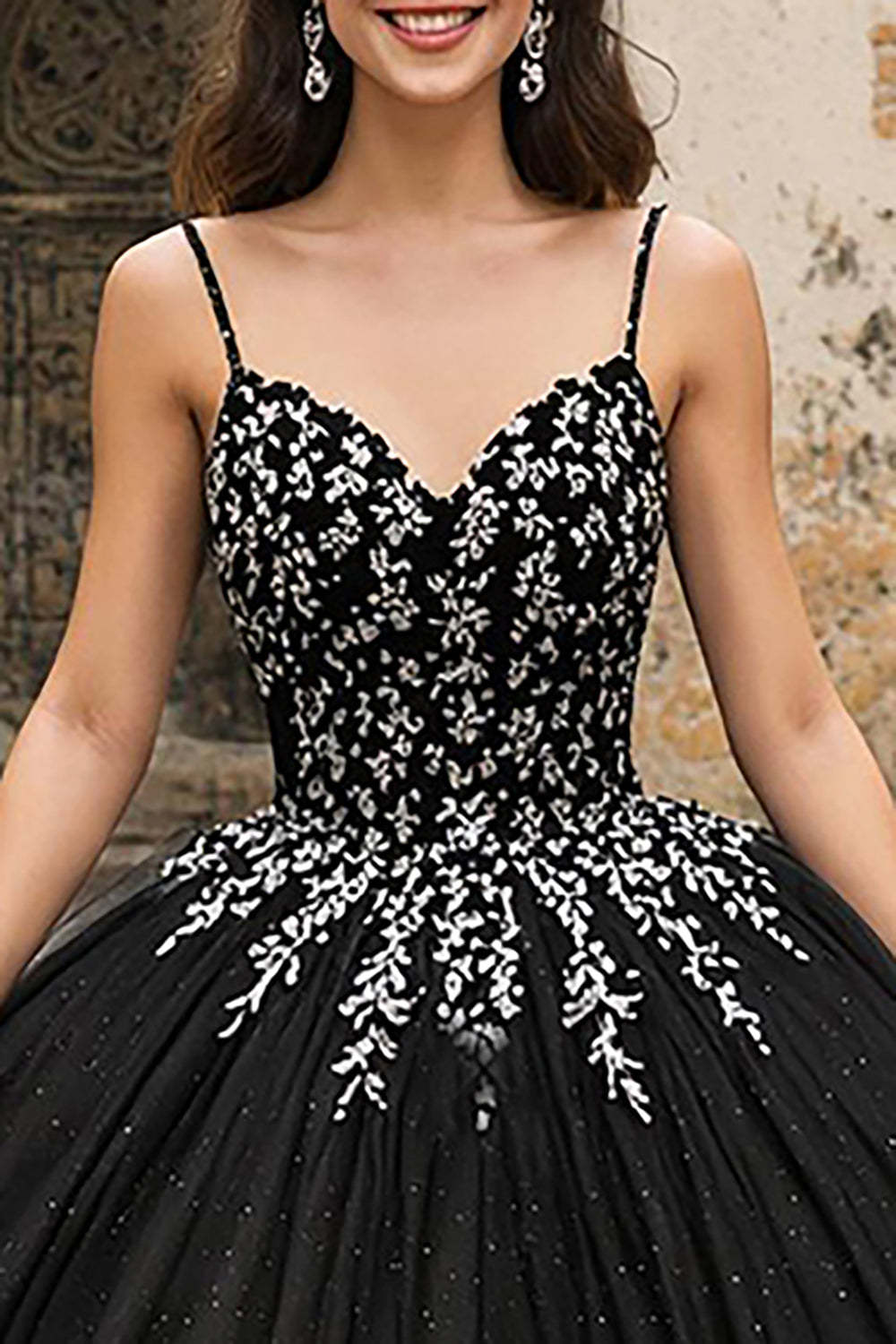 Princess Black Spaghetti Straps Tulle Quinceanera Dress with Appliques