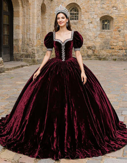 Leely Women Sparkly Velevt Burgundy Princess Quinceanera Dress with Beading Square Neck Puff Sleeves Sweet 16 Dress with Bow