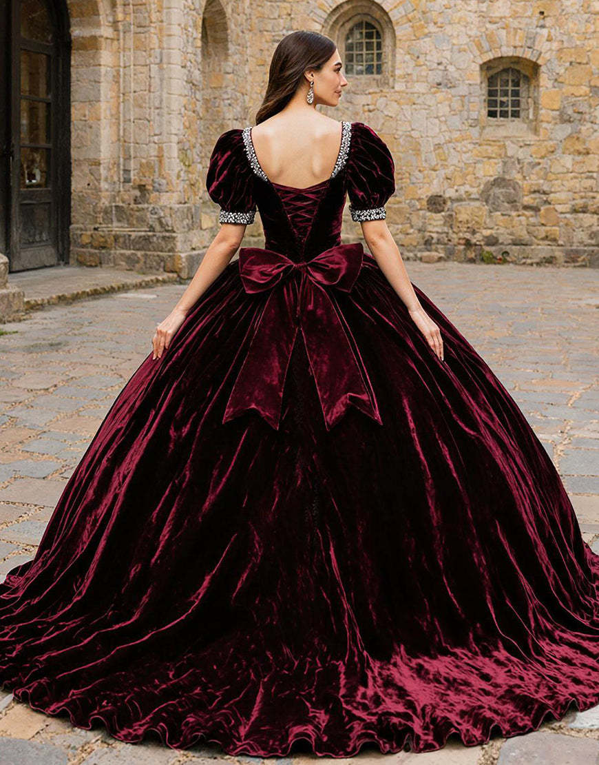 Sparkly Burgundy Velvet Square Neck Princess Quinceanera Dress with Beading