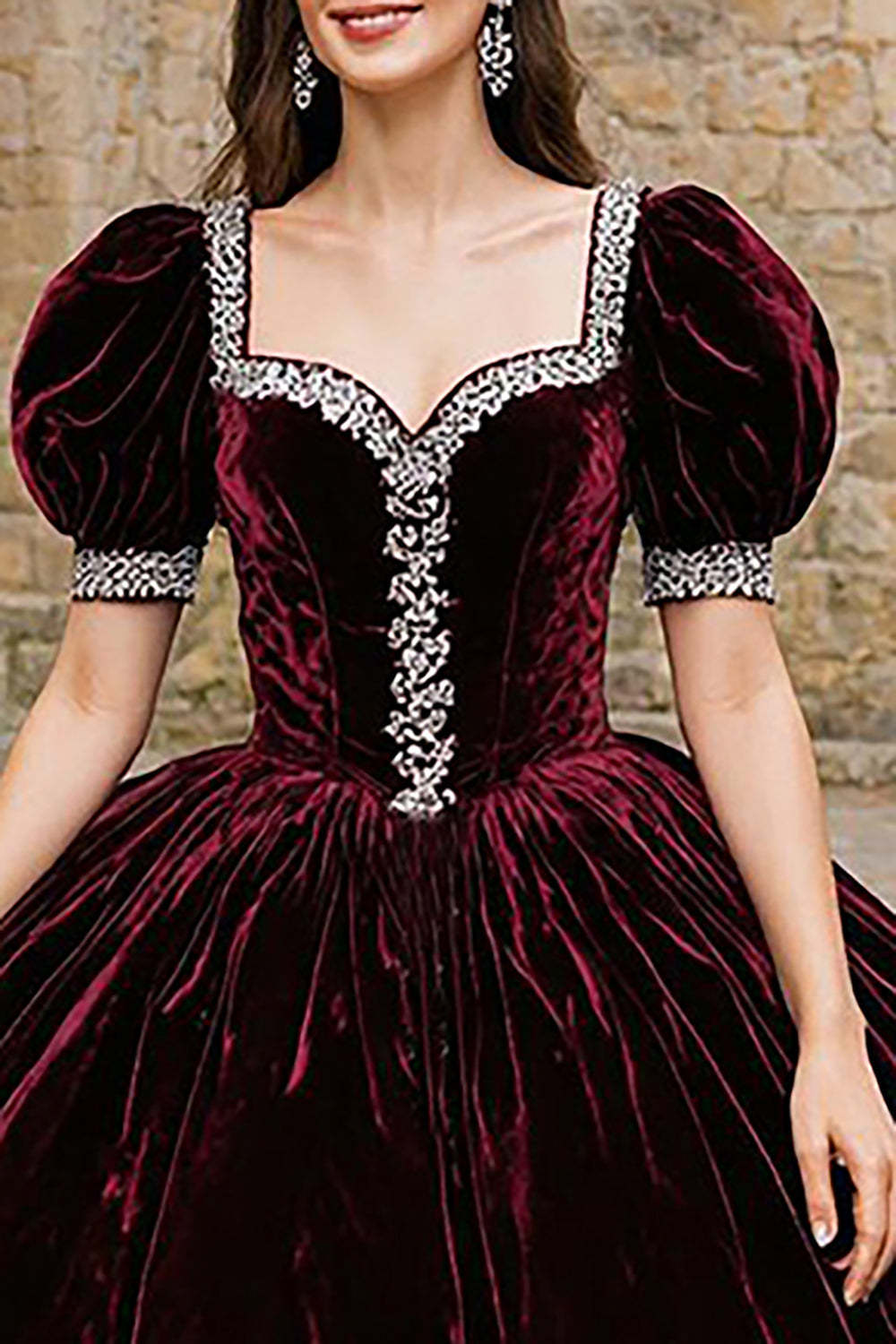 Sparkly Burgundy Velvet Square Neck Princess Quinceanera Dress with Beading