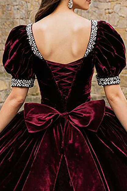 Sparkly Burgundy Velvet Square Neck Princess Quinceanera Dress with Beading