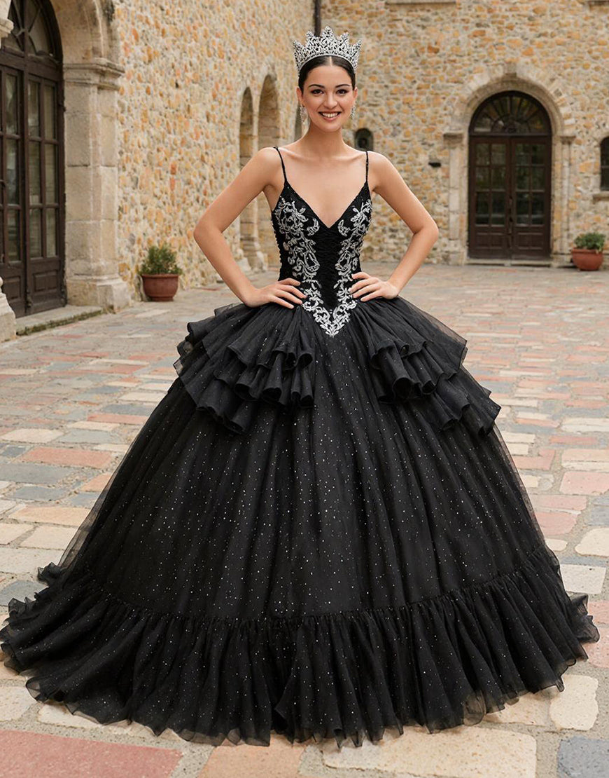 Leely Women Glitter Black Princess Tulle Quinceanera Dress with Appliques Spaghetti Straps Ruffled Sweet 16 Dress