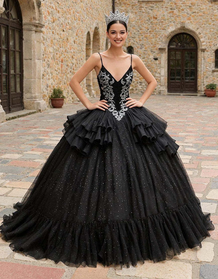 Leely Women Glitter Black Princess Tulle Quinceanera Dress with Appliques Spaghetti Straps Ruffled Sweet 16 Dress