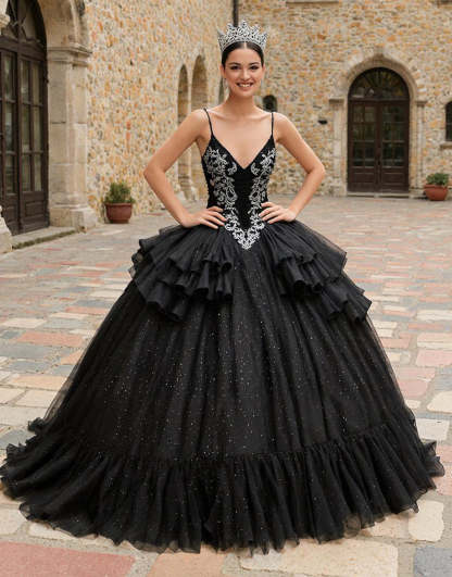 Leely Women Glitter Black Princess Tulle Quinceanera Dress with Appliques Spaghetti Straps Ruffled Sweet 16 Dress