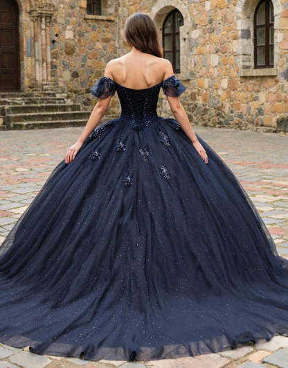 Sparkly Navy Off the Shoulder Princess Tulle Quinceanera Dress
