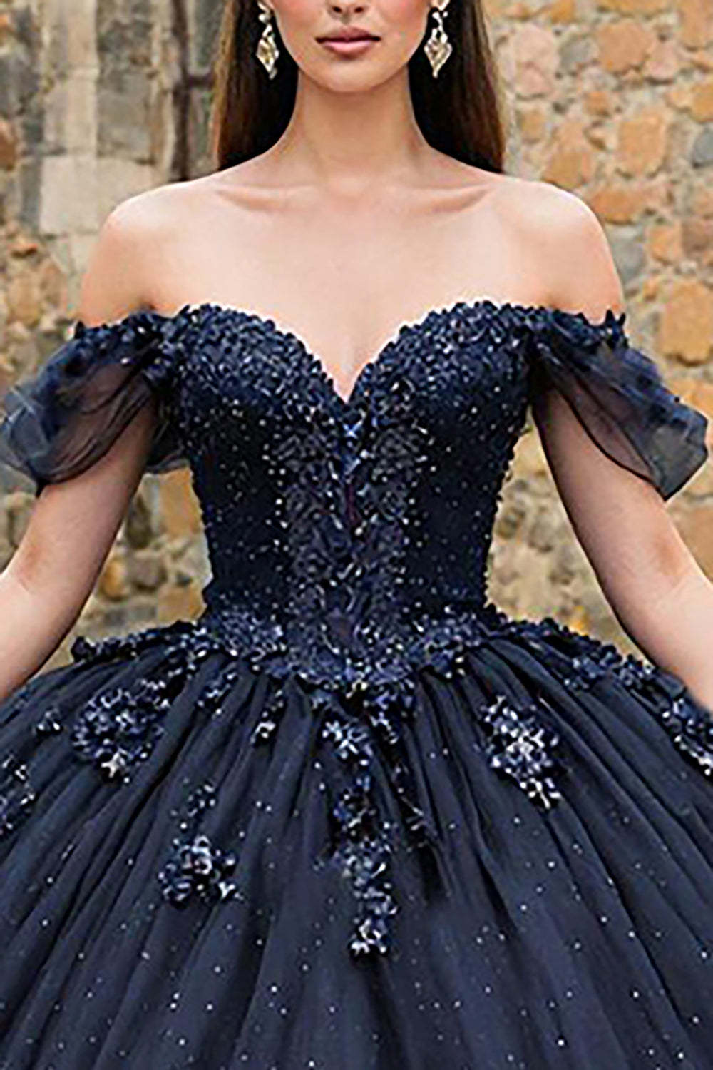 Sparkly Navy Off the Shoulder Princess Tulle Quinceanera Dress