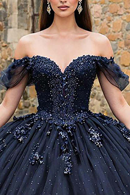 Sparkly Navy Off the Shoulder Princess Tulle Quinceanera Dress
