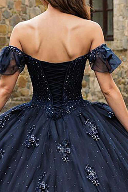 Sparkly Navy Off the Shoulder Princess Tulle Quinceanera Dress