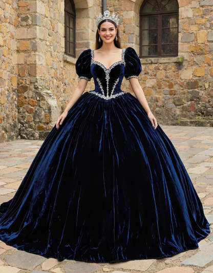 Leely Women Navy Puff Sleeves Princess Velvet Quinceanera Dress with Appliques Sweetheart Sweet 16 Dress with Bow
