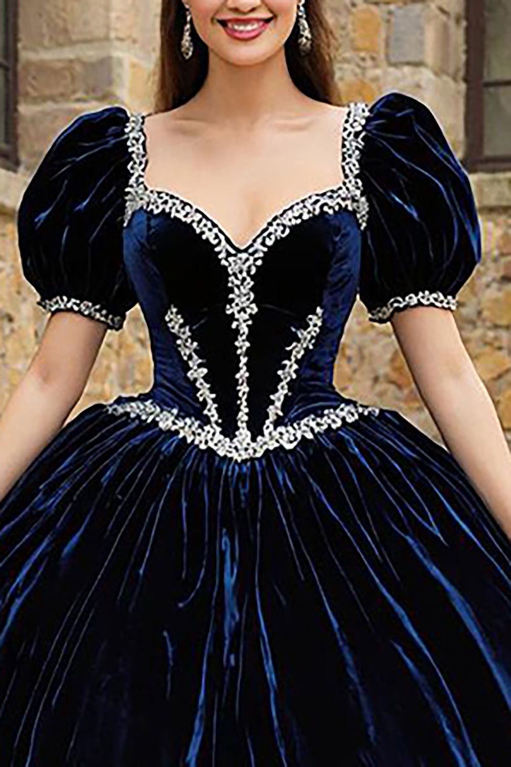 Navy Sweetheart Velvet Puff Sleeves Princess Quinceanera Dress with Appliques