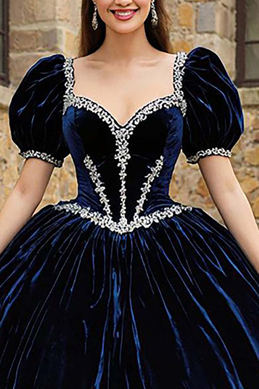 Navy Sweetheart Velvet Puff Sleeves Princess Quinceanera Dress with Appliques