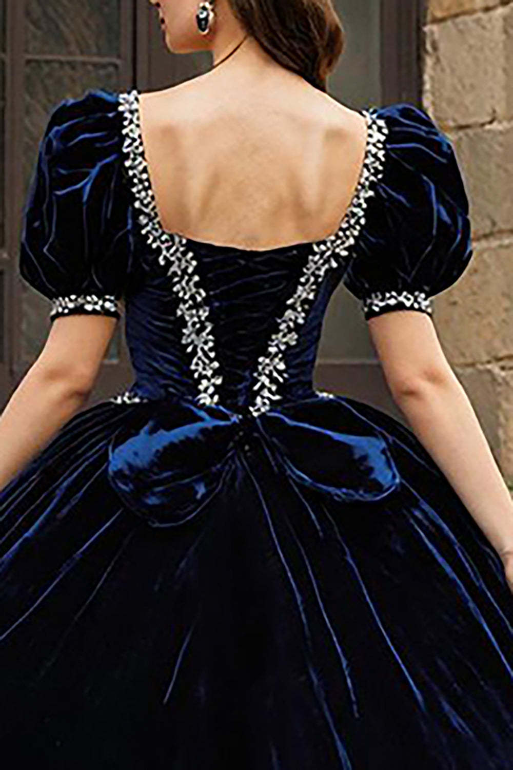 Navy Sweetheart Velvet Puff Sleeves Princess Quinceanera Dress with Appliques