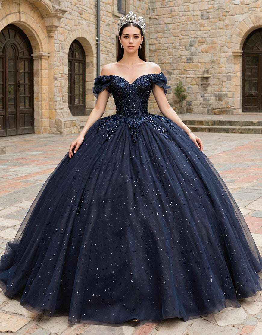 Sparkly Navy Tulle Off the Shoulder Princess Corset Appliqued Quinceanera Dress