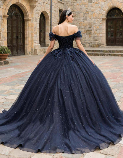 Sparkly Navy Tulle Off the Shoulder Princess Corset Appliqued Quinceanera Dress