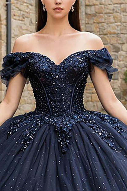 Sparkly Navy Tulle Off the Shoulder Princess Corset Appliqued Quinceanera Dress