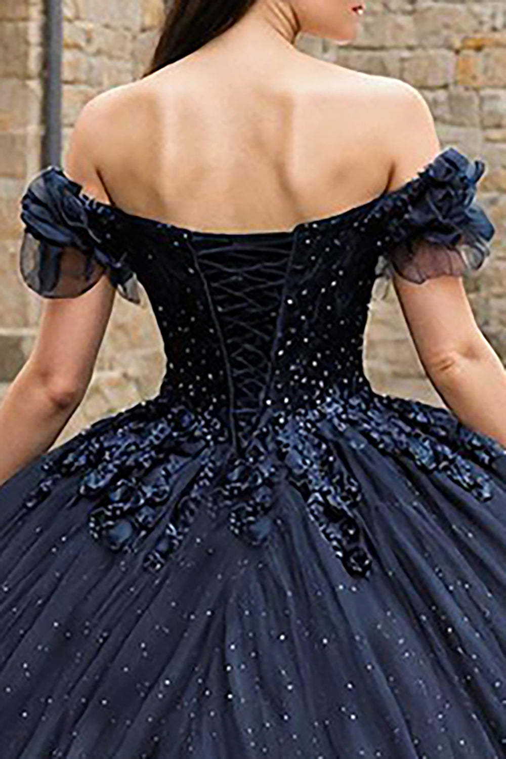 Sparkly Navy Tulle Off the Shoulder Princess Corset Appliqued Quinceanera Dress