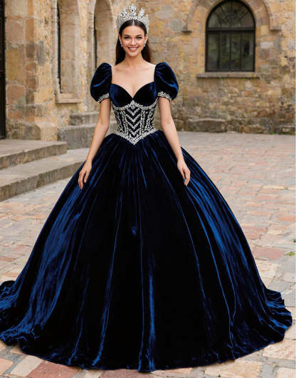 Leely Women Princess Navy Velvet Corset Puff Sleeves Quinceanera Dress with Appliques Sweetheart Sweet 16 Dress with Bow
