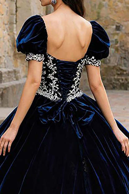 Princess Navy Sweetheart Velvet Puff Sleeves Quinceanera Dress with Appliques