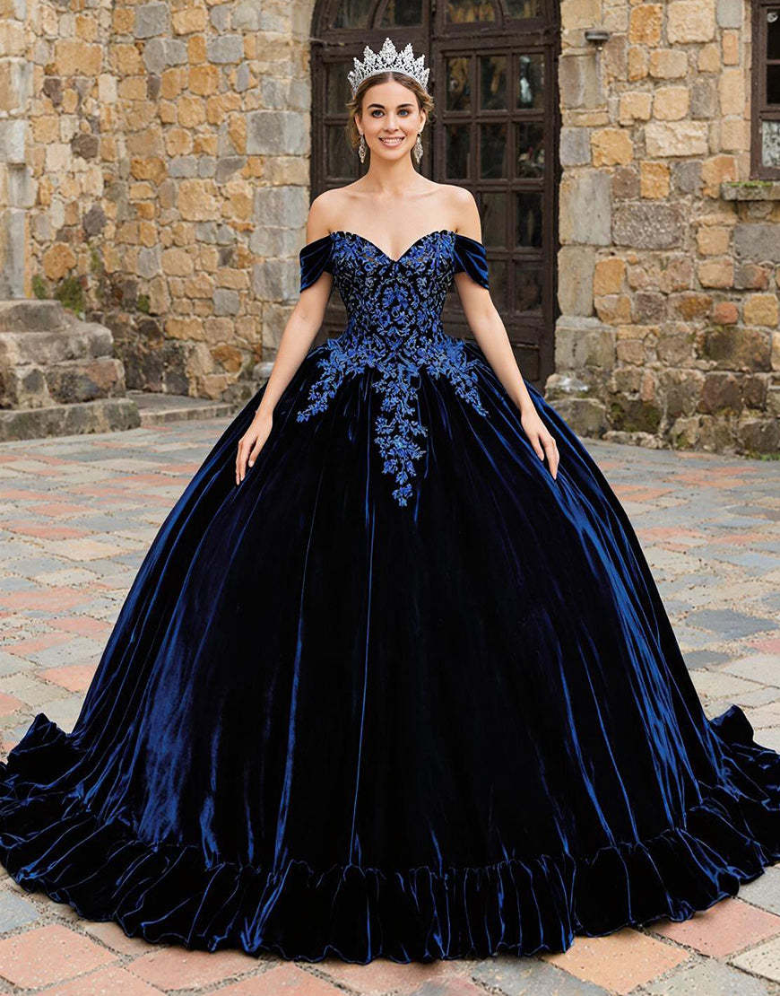 Leely Women Princess Navy Velvet Quinceanera Dress with Ruffles Off the Shoulder Appliqued Sweet 16 Dress