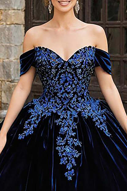 Princess Navy Velvet Off the Shoulder Appliqued Quinceanera Dress with Ruffles