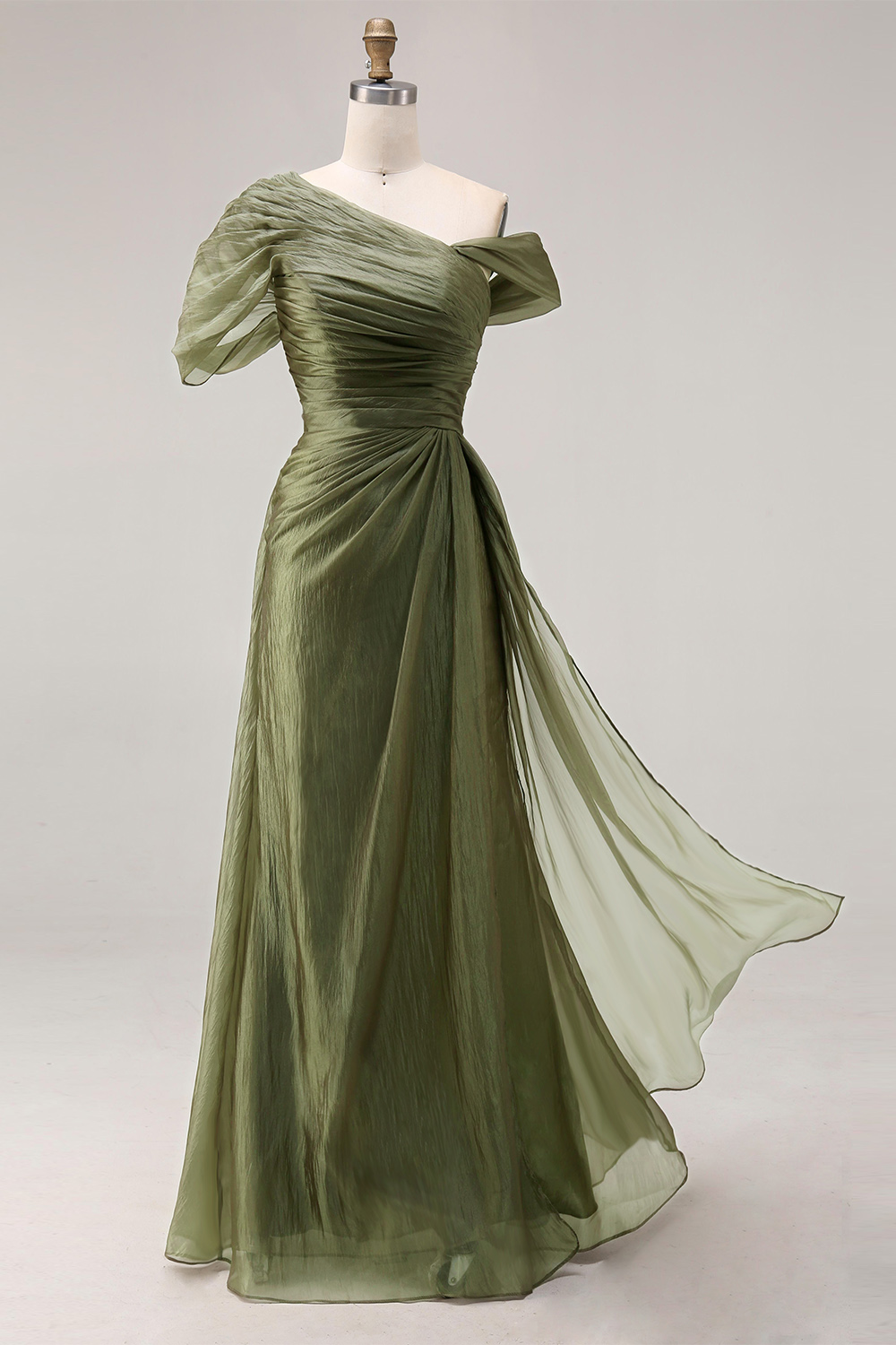 Dusty Sage Ruched Chiffon Long Formal Dress with Side Cape