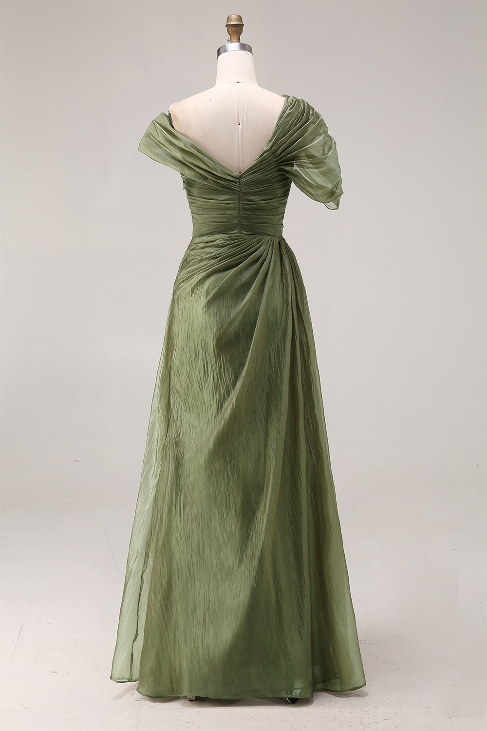 Dusty Sage Ruched Chiffon Long Formal Dress with Side Cape