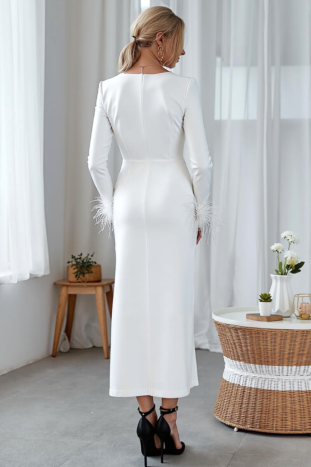 White Sheath Round Neck Midi Formal Dress with Feathers