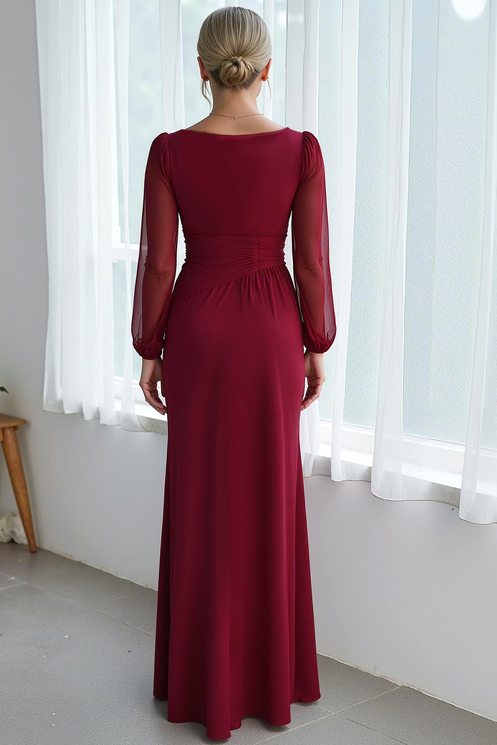 Cabernet Chiffon Sheath V-Neck Long Wedding Guest Dress with Drape