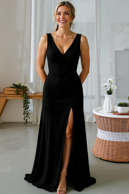 Leely Women Cabernet Sheath Chiffon Maxi Wedding Guest Dress V-Neck Wedding Party Dress with Slit