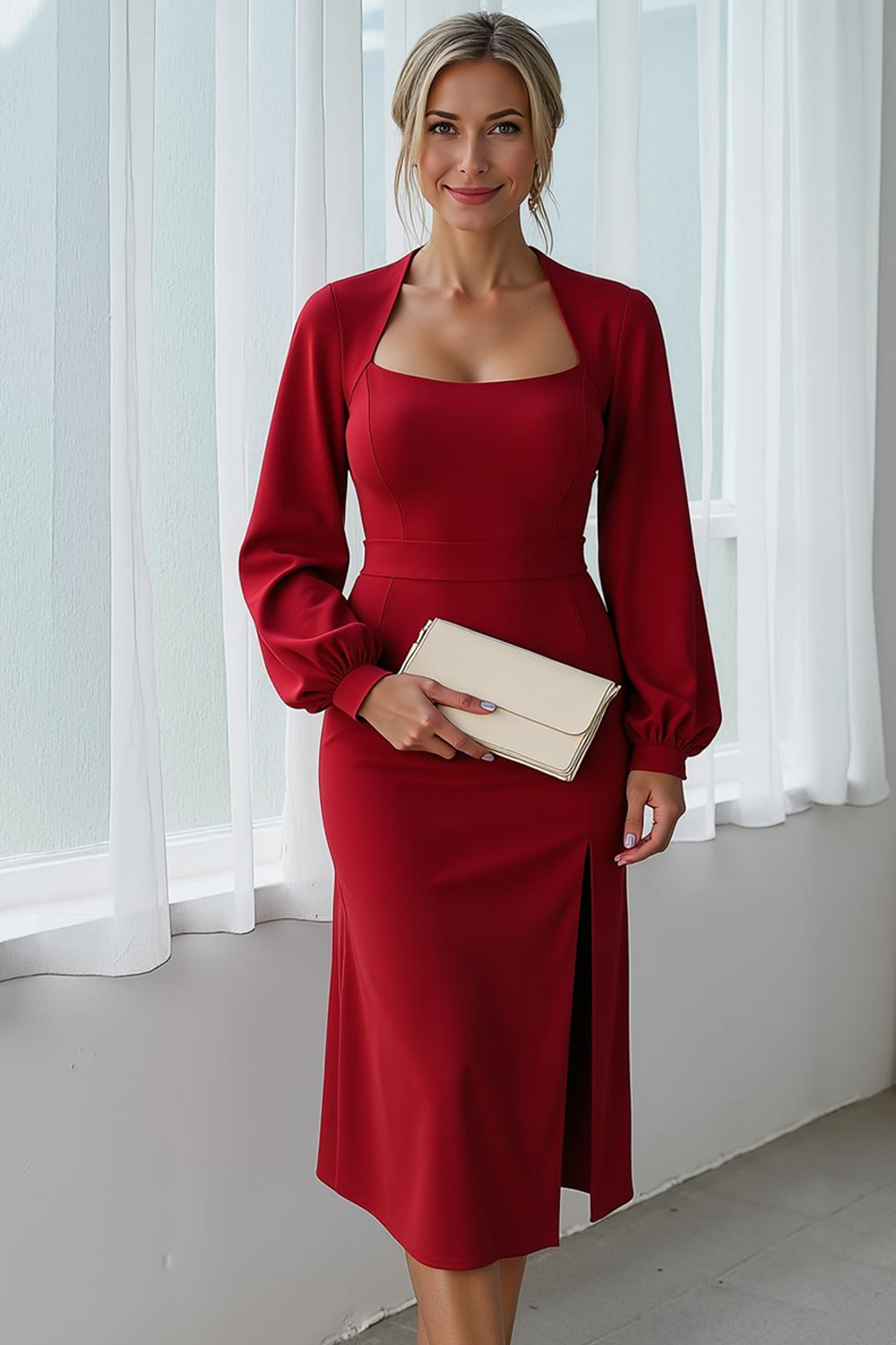 Sky Blue Sheath Midi Wedding Guest Dress with Sleeves