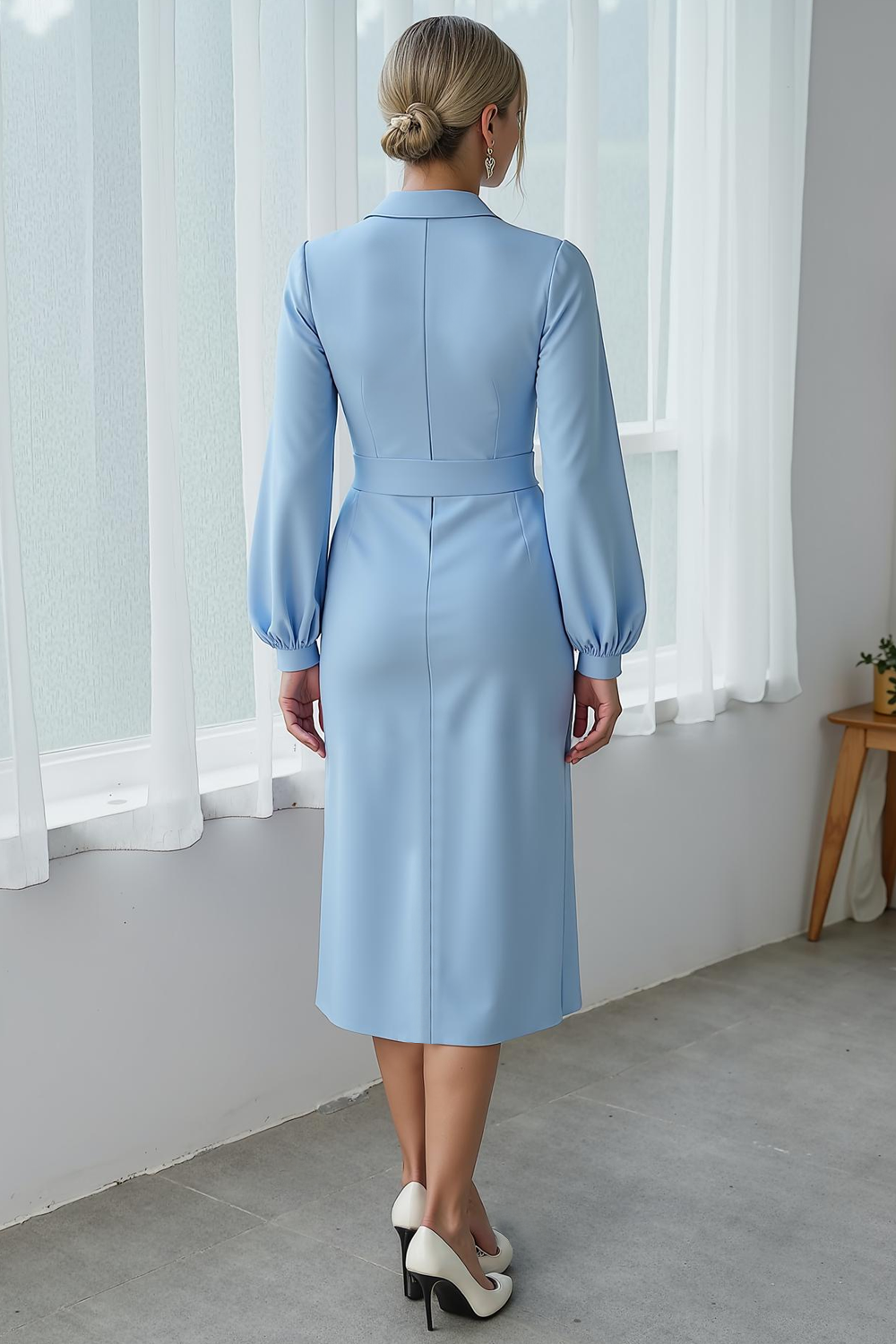 Sky Blue Sheath Midi Wedding Guest Dress with Sleeves