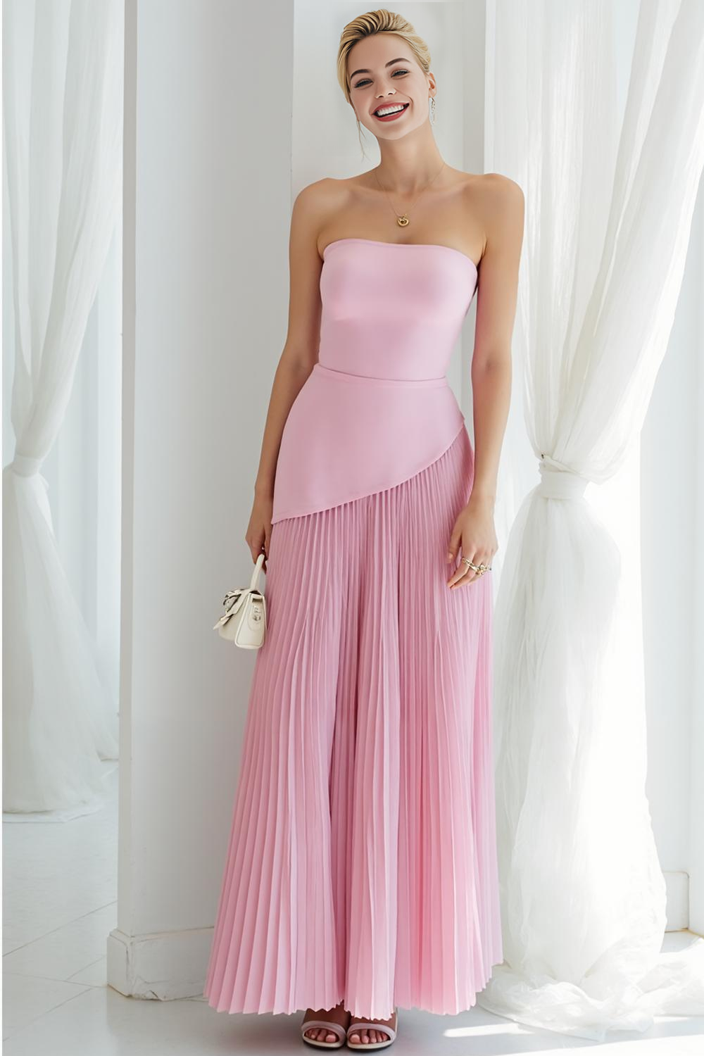 Leely Women Sky Blue Strapless Long Wedding Guest Dress A Line Pleated Wedding Party Dress