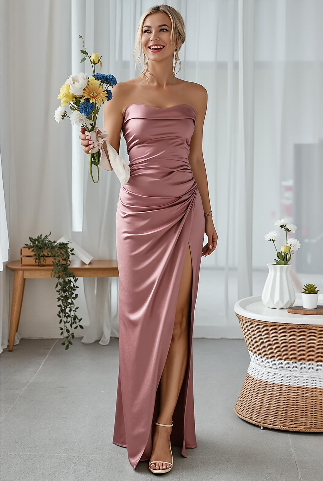 Dusty Rose Satin Sheath Strapless Long Bridesmaid Dress with Slit