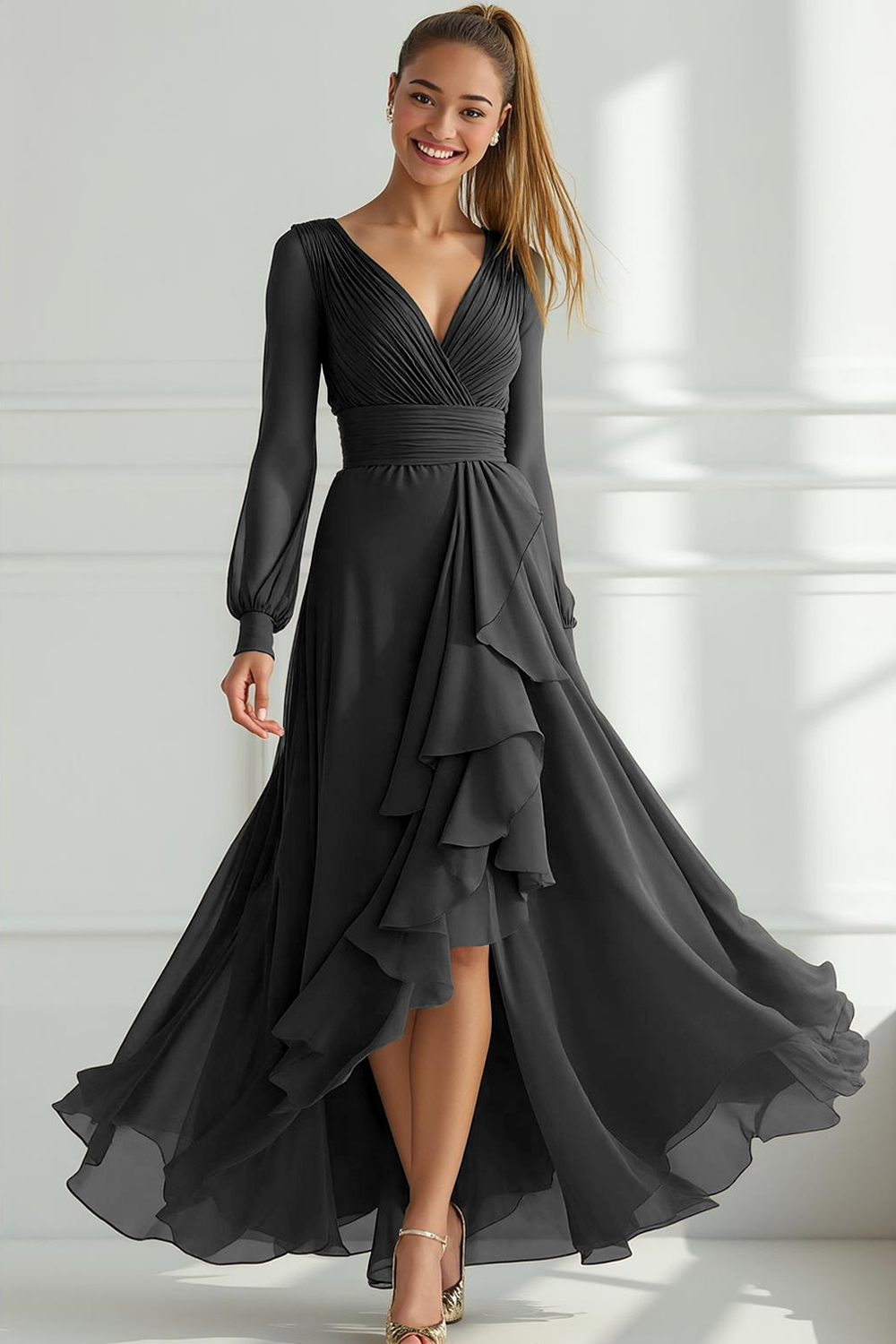Grey Green Tulle A Line V-Neck High Low Wedding Guest Dress with Ruffles