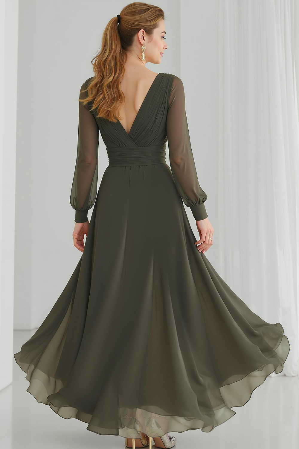 Grey Green Tulle A Line V-Neck High Low Wedding Guest Dress with Ruffles