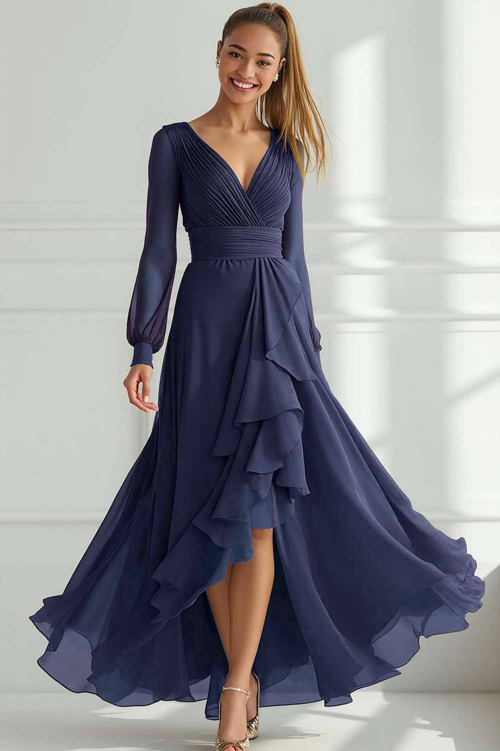 Grey Green Tulle A Line V-Neck High Low Wedding Guest Dress with Ruffles