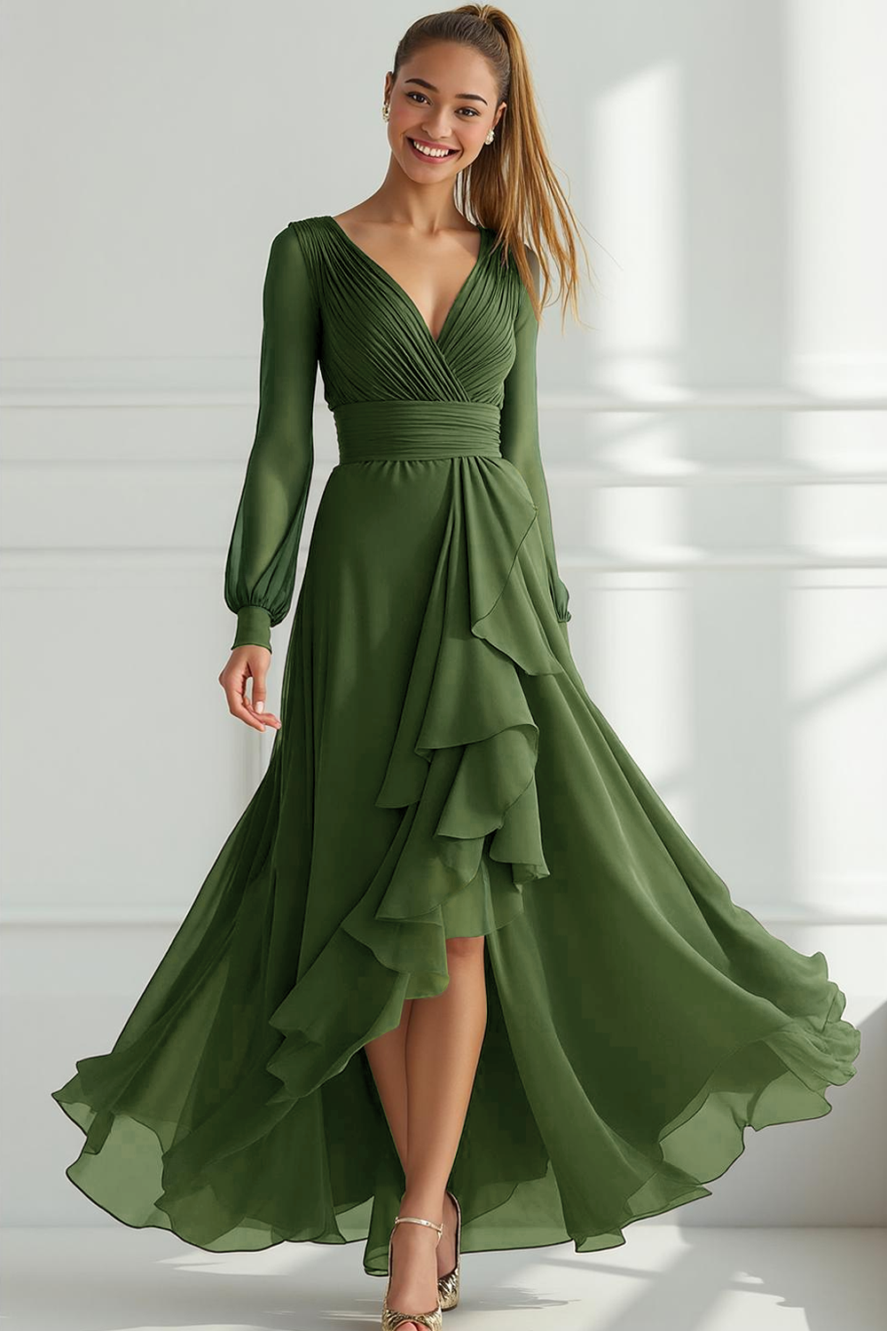 Grey Green Tulle A Line V-Neck High Low Wedding Guest Dress with Ruffles