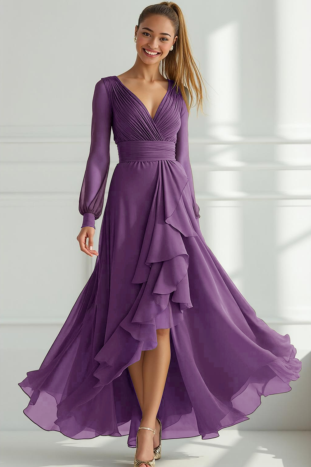 Grey Green Tulle A Line V-Neck High Low Wedding Guest Dress with Ruffles