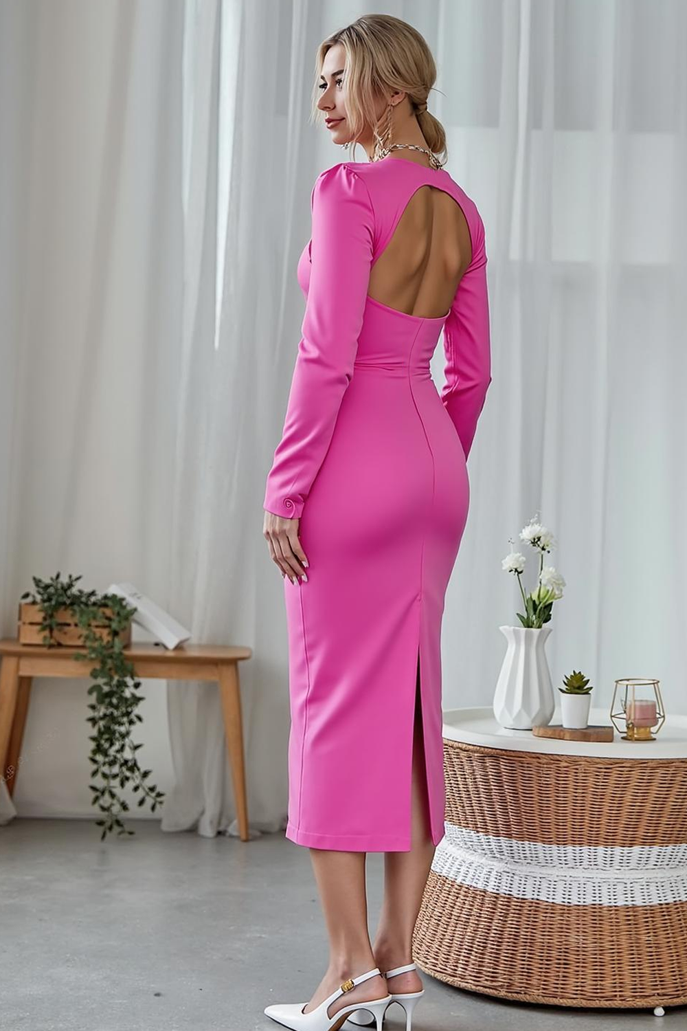 Champagne Square Neck Midi Sheath Formal Dress with Sleeves