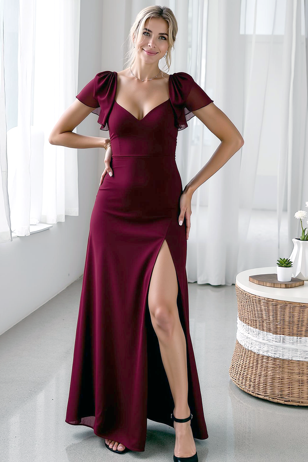 Black Chiffon Ruffled Maxi Formal Dress with Slit