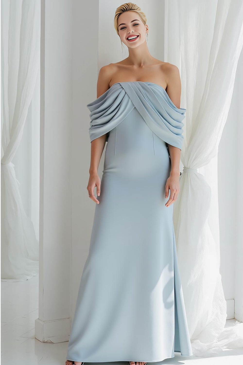Leely Women Sky Blue Satin Maxi Bridesmaid Dress with Slit Off the Shoulder Pleated Sheath Wedding Guest Dress