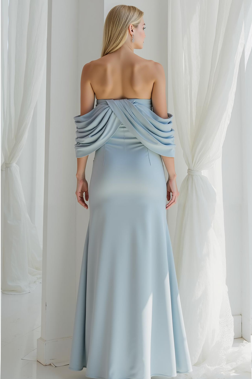 Sky Blue Satin Off the Shoulder Pleated Maxi Bridesmaid Dress