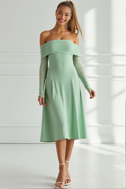 Leely Women Light Green Midi Bridesmaid Dress A Line Off the Shoulder Long Sleeves Wedding Guest Dress