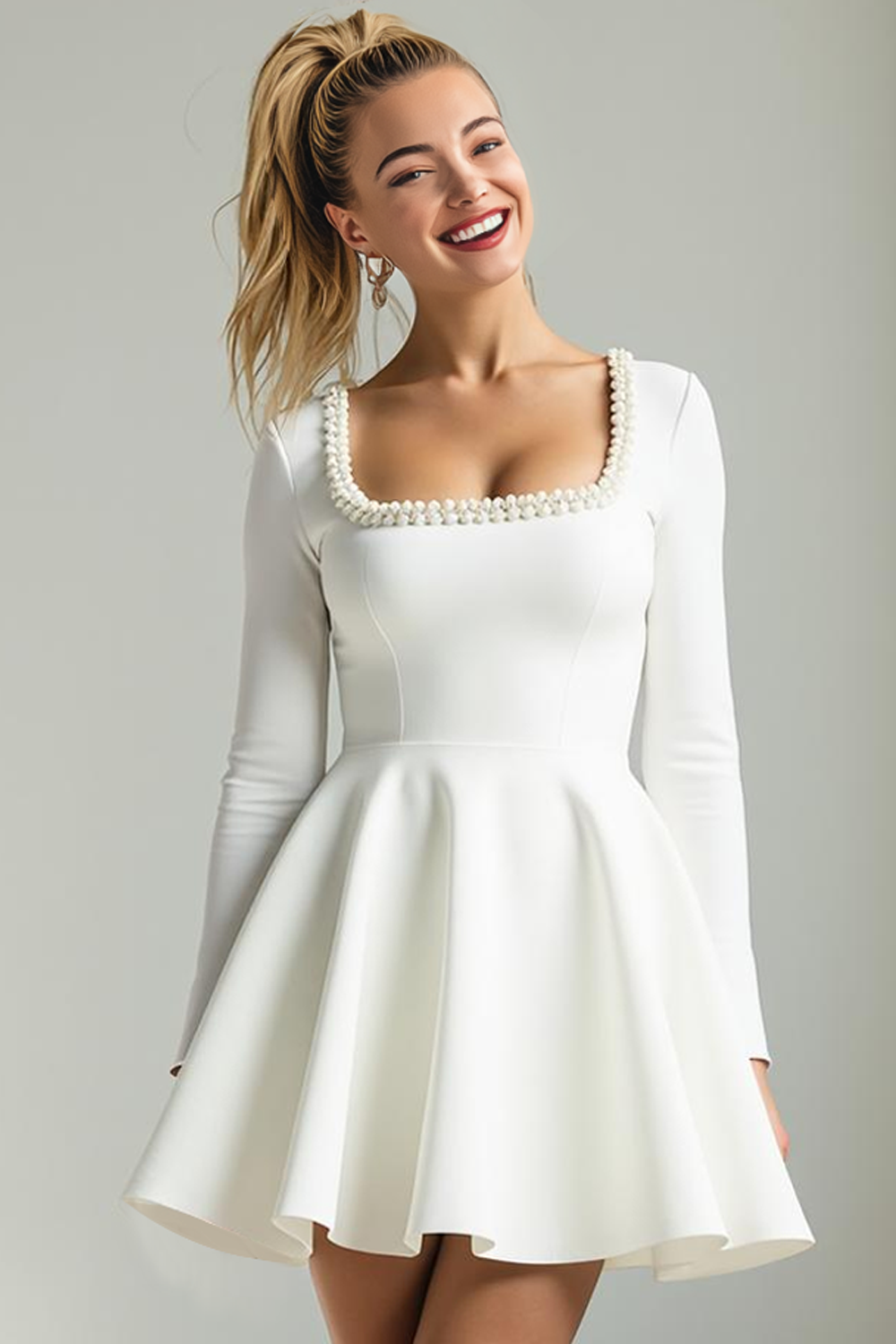 White A Line Square Neck Short Bridal Shower Dress with Sleeves