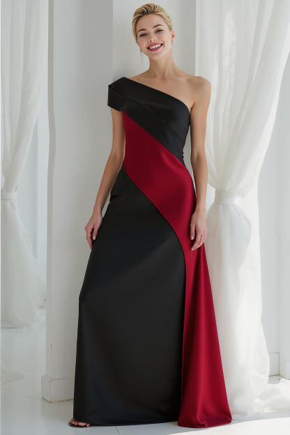 Black and Ivory One Shoulder Sheath Maxi Formal Dress
