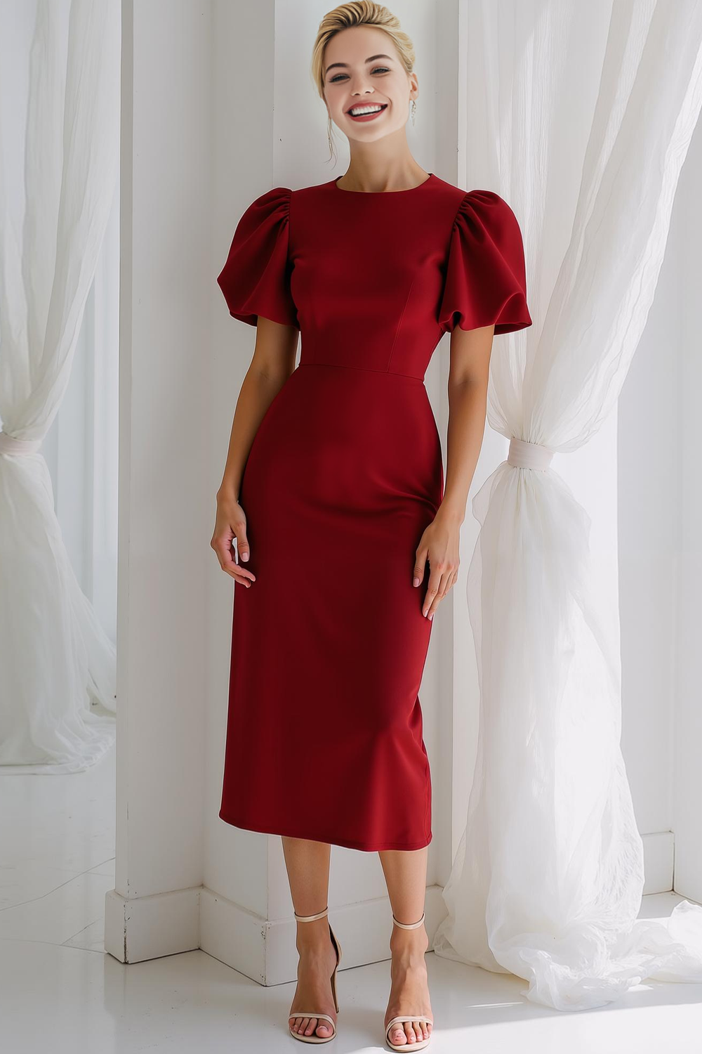 Leely Women Cabernet Sheath Midi Summer Wedding Guest Dress Round Neck Puff Sleeves Wedding Party Dress