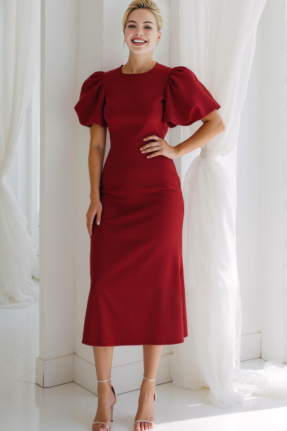 Cabernet Sheath Round Neck Midi Wedding Guest Dress with Sleeves