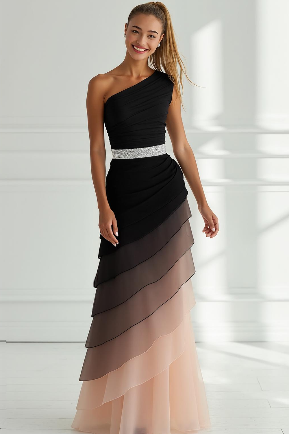 Black and Light Pink A Line Tiered One Shoulder Long Evening Dress